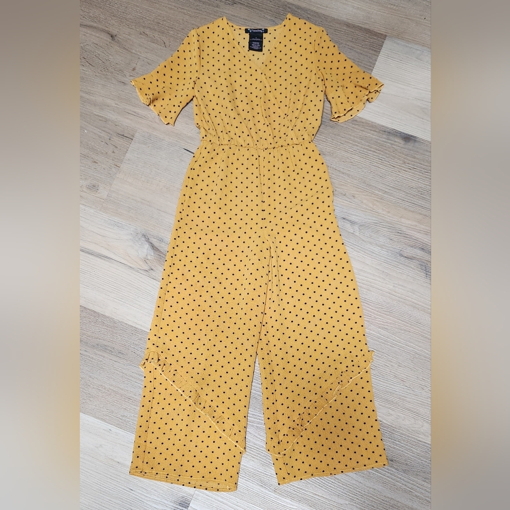 Girls *ADORABLE* Xtraordinary Mustard Yellow & Blk Polka Dot Jumper sz 7~BIN F
